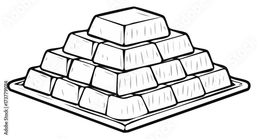 Pyramid of gold bars on a tray, monochrome illustration