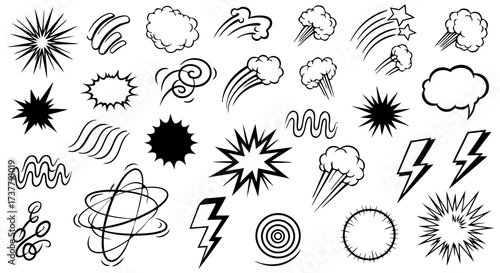 Collection of Comic Book Sound Effects and Explosions on White Background