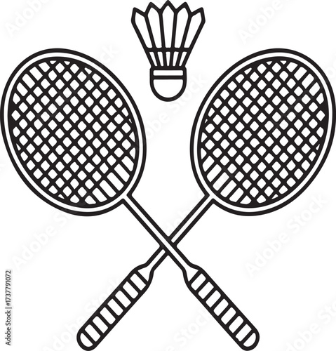 Badminton Rackets and Shuttlecock Outline Icon Sports Equipment, Racquet Game, Minimalist Line Art Vector