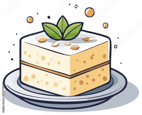 Delicious square layered cake slice with mint and almond garnish vector illustration
