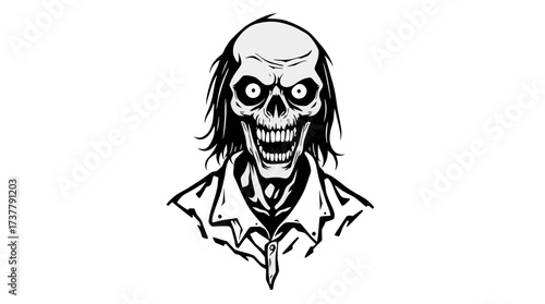 A black and white illustration of a grinning, undead zombie with a skeletal face.