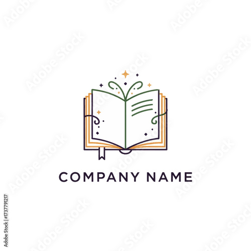 Open book with magical elements and a bookmark, line art style.