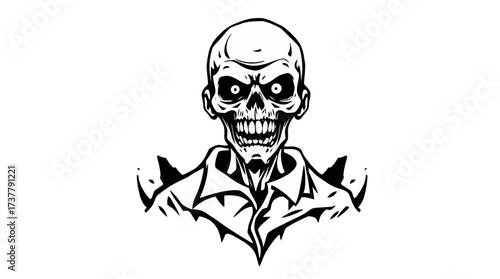 A black and white illustration of a grinning, undead zombie with a skeletal face.