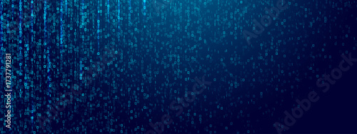 Blue glowing binary code rain background. Futuristic matrix style with data stream, abstract computer system, digital tech effect and cyber security information pattern. Vector illustration