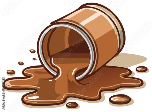 Overturned Container with Spilled Brown Liquid, Cartoon Illustration of Liquid Spill, Messy Scene with Puddle