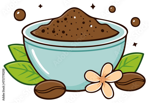 Coffee grounds in a bowl with beans, flower, and leaves cartoon illustration
