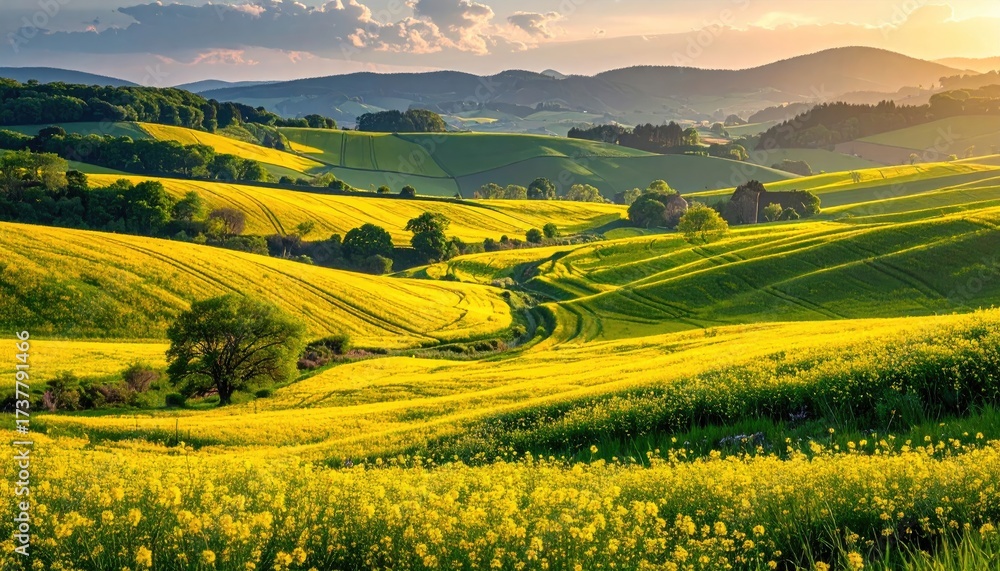 Fototapeta premium Golden Rapeseed Fields and Distant Urban Buildings Aerial View Under Bright Sunlight Scenic Agricultural Landscape and City Skyline Background