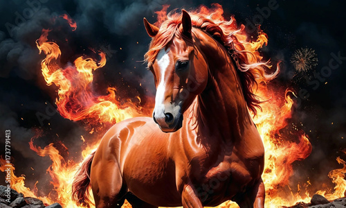 A red fiery horse. The symbol of the 2026 new year. Postcard, poster, wallpaper.