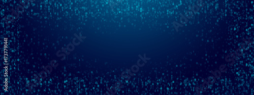 Blue binary rain background with glowing 0 and 1 digits. Abstract matrix effect, digital data stream, futuristic tech code, cyber security and computer software design. Vector illustration