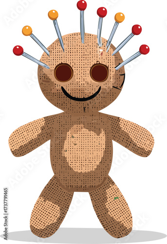 A classic, burlap voodoo doll with colorful pins stuck in it. A vector illustration for concepts of magic, curses, and Halloween. Generative AI