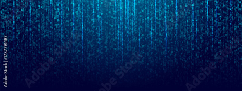 Binary code rain background in blue. Abstract matrix effect with flowing numbers 0 and 1. Futuristic tech, data stream, cyber security, computer software and digital system design.