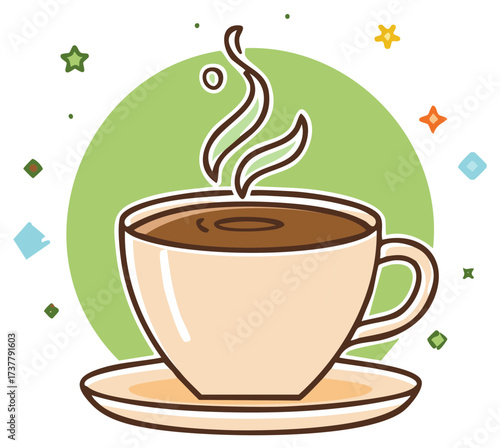 Warm cup of coffee with steam rising and decorative stars and geometric shapes around