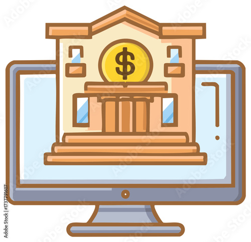 Online bank building on computer monitor for digital finance and secure transactions