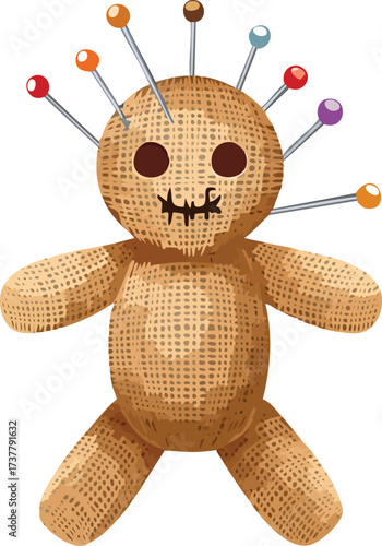 A classic, burlap voodoo doll with colorful pins stuck in it. A vector illustration for concepts of magic, curses, and Halloween. Generative AI