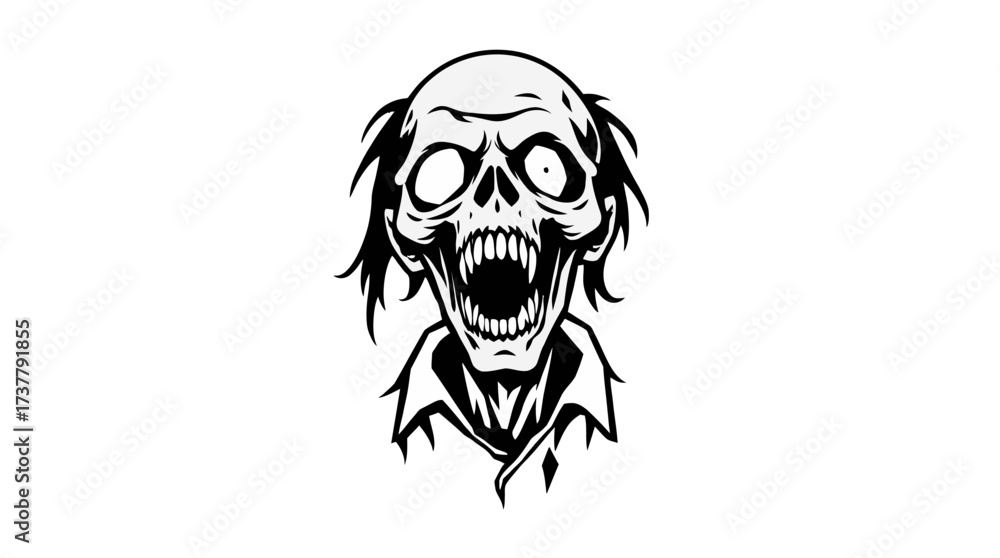 Fototapeta premium A black and white illustration of a grinning, undead zombie with a skeletal face.