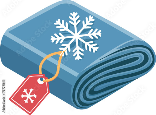 A folded, blue winter blanket with a snowflake pattern and a price tag. An isolated vector icon for home goods, sales, and cozy concepts. Generative AI