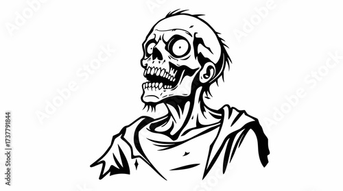 A black and white illustration of a grinning, undead zombie with a skeletal face.
