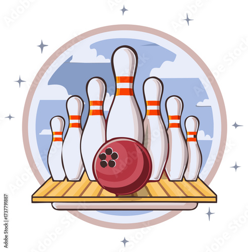 Retro bowling sport emblem with a red ball and white pins on a wooden lane ready for a game.