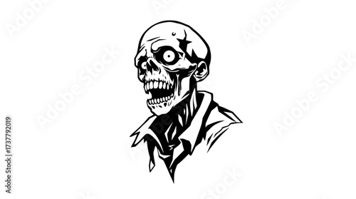 A black and white illustration of a grinning, undead zombie with a skeletal face.