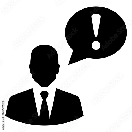 Icono hombre de negocios con burbuja de habla y símbolo admiración 
