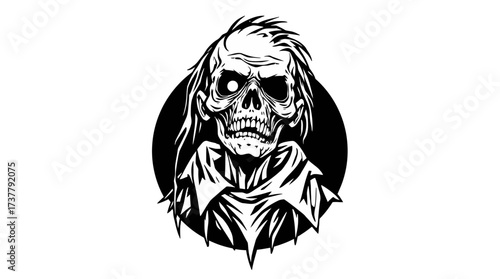 A stark black and white illustration of a skeletal undead creature, with a hollow eye socket and tattered clothing.