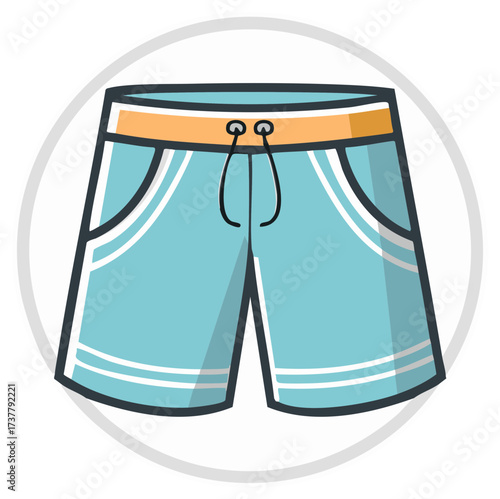 Cartoon style light blue swim shorts illustration in a white circle.