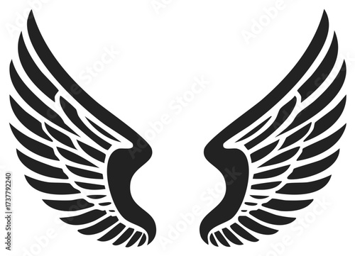 Two abstract wings silhouette graphic element for design. Symbol of freedom and power.