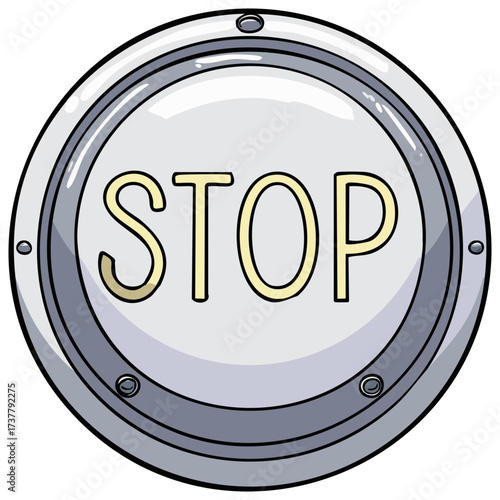 Cartoon stop button illustration with metal frame, light cream letters, and rivets