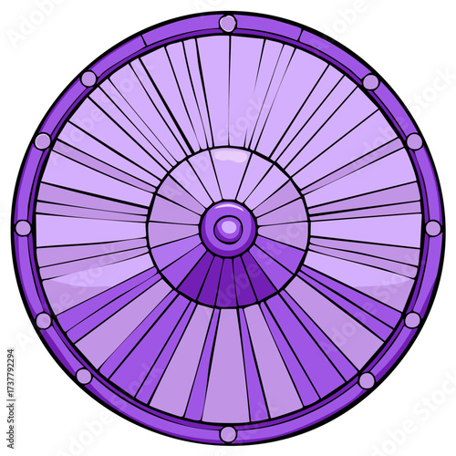 Purple spoked wheel with circular hub and outer rim adorned with dots