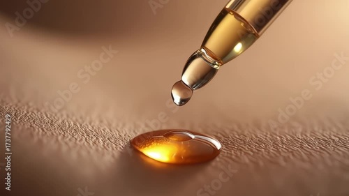 Golden serum dripping from pipette onto textured surface showcasing skincare essence