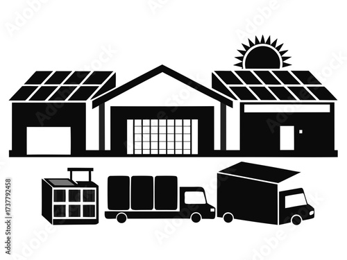 Aerial view of logistics centers with rooftop solar panels — Vector black silhouette illustration on white background