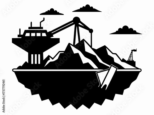 Open-pit coal mining site with excavators and trucks — Vector black silhouette illustration on white background