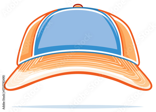Orange and Blue Baseball Cap. Sport Headwear Accessory. Vector Illustration.