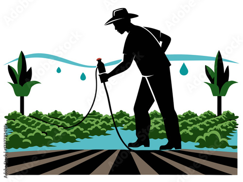 Vegetable farm with farmer operating drip irrigation system — Vector silhouette illustration black on white background