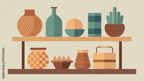 A mix of woven baskets and ceramic vases on a shelf adding texture and pops of color to the room.