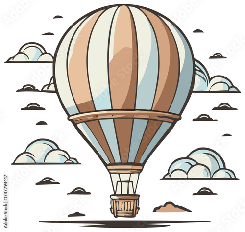 Striped Hot Air Balloon Ascending Through a Cloudy Sky, Graphic Illustration