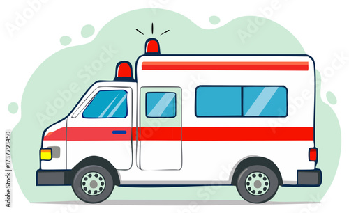Emergency medical service vehicle illustration, rescue transport, ambulance, with flashing lights and siren.