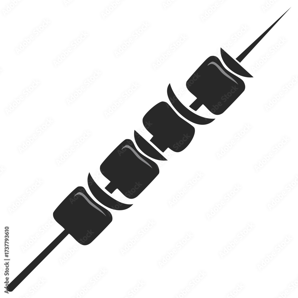 Fototapeta premium Stylized black and white grilled shish kebab icon with alternating meat and vegetable pieces on a skewer