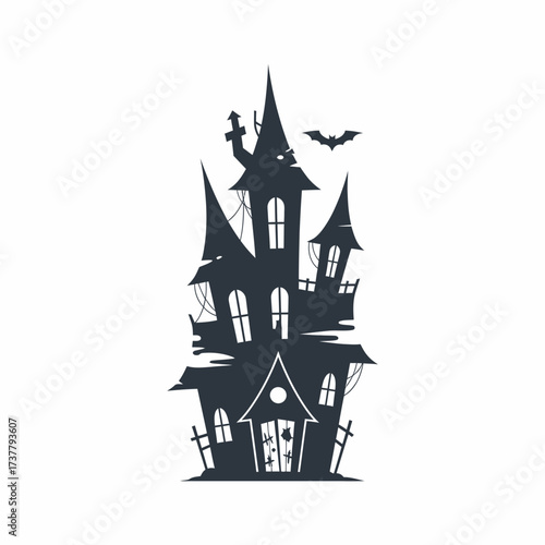 Spooky Haunted House Silhouette with Bat and Tombstone for Halloween.