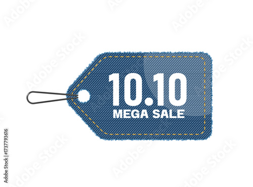 Promotional sign with hanging rope or tag label with denim texture and campaign message 10.10 mega sale, vector illustration isolated on white background for fashion advertising design