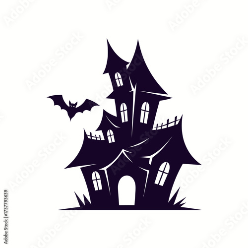Spooky Haunted House Silhouette with Bat for Halloween Decoration.