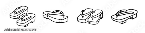 A collection of four black and white line drawings of traditional Japanese Geta sandals, each depicted from a slightly different angle.