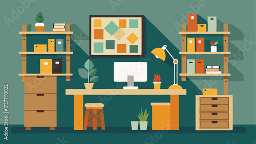 An office space with a desk made from repurposed crates shelves made from recycled shipping pallets and a wall adorned with upcycled artwork.