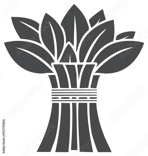 Monochrome vector graphic with stylized wheatsheaf and leaves tied up with string, simple isolated element