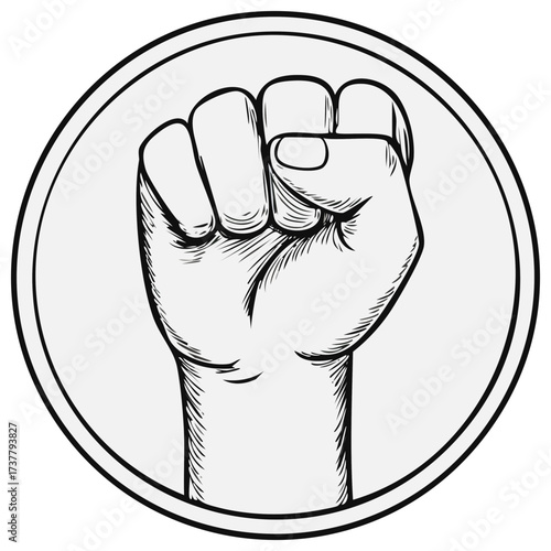 Raised Fist Inside a Circle Illustration, Black and White Hand Symbol