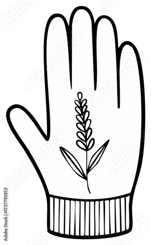 Stylized mitten with wheat illustration, winter garment graphic, monochrome vector