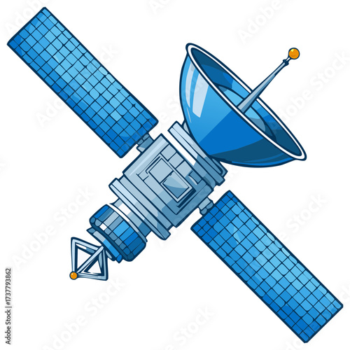 Satellite orbiting in space with solar panels transmitting signal antenna icon