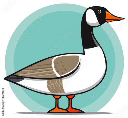 Stylized cartoon goose with black and white markings standing on orange webbed feet