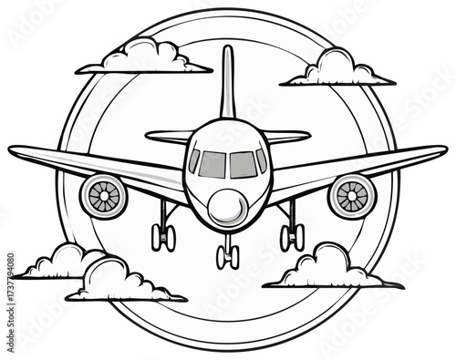 Front view of a passenger jet airplane with landing gear down flying through clouds cartoon vector illustration