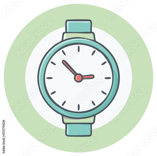 Cartoon illustration of a watch, measuring time in a simple style on a green background